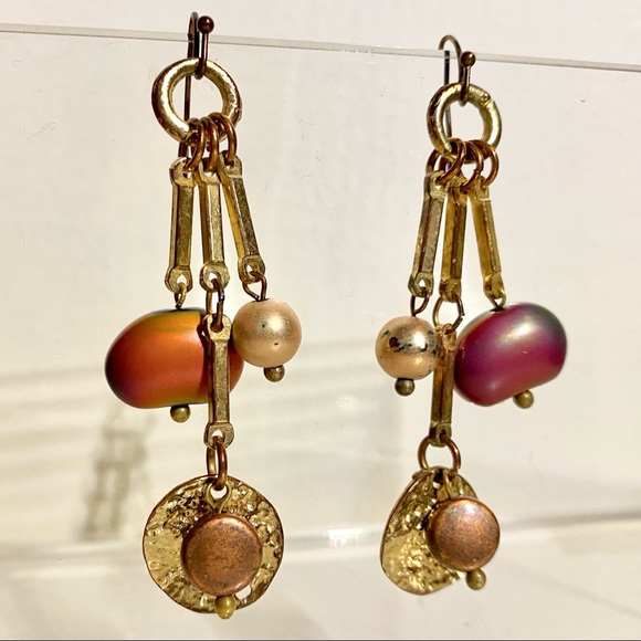 Golden Beaded Earrings Frosted Gradient Distressed Circle Vintage Retro Bead 90s - Picture 8 of 8